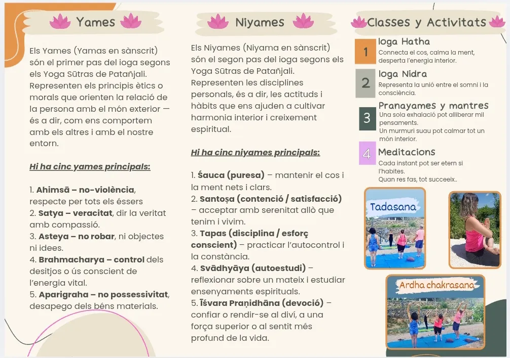 Fulletó amb els Yames i Niyames del ioga i el llistat de classes i activitats del projecte