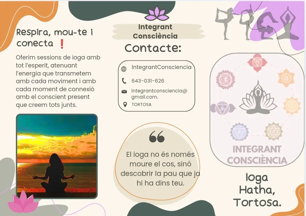 Fulletó del projecte Ioga Hatha Tortosa amb el lema «Respira, mou-te i connecta» i les dades de contacte de l'associació
